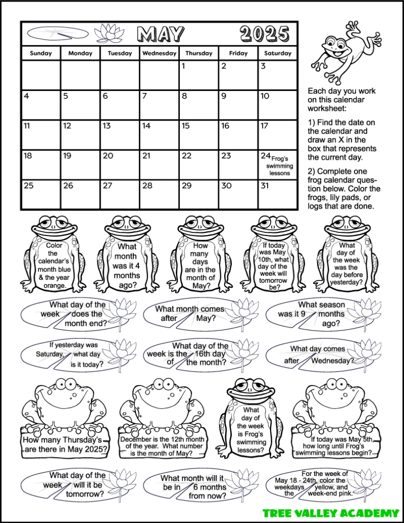 May calendar worksheet for second graders to fill in dates and highlight Mother's Day
