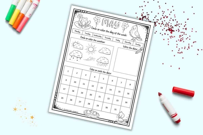 May calendar worksheet for second graders to fill in dates and highlight Mother's Day.