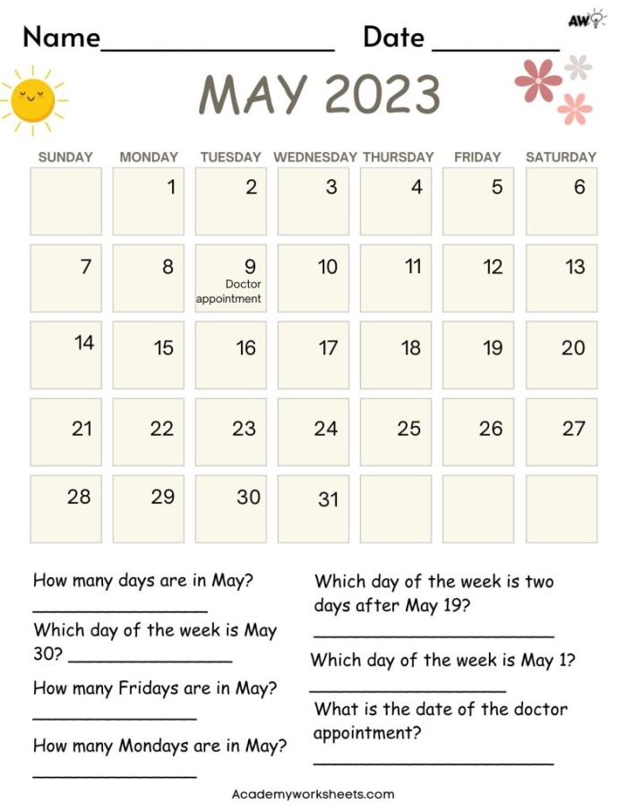 May calendar worksheet for second graders to fill in dates and highlight Mother's Day
