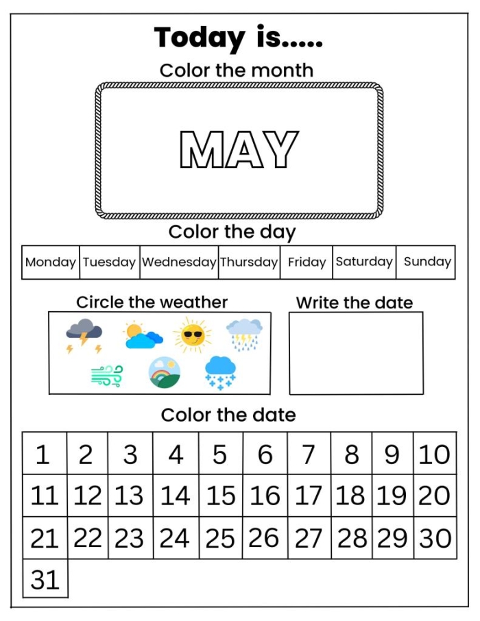 May calendar worksheet for second graders to fill in dates and highlight Mother's Day
