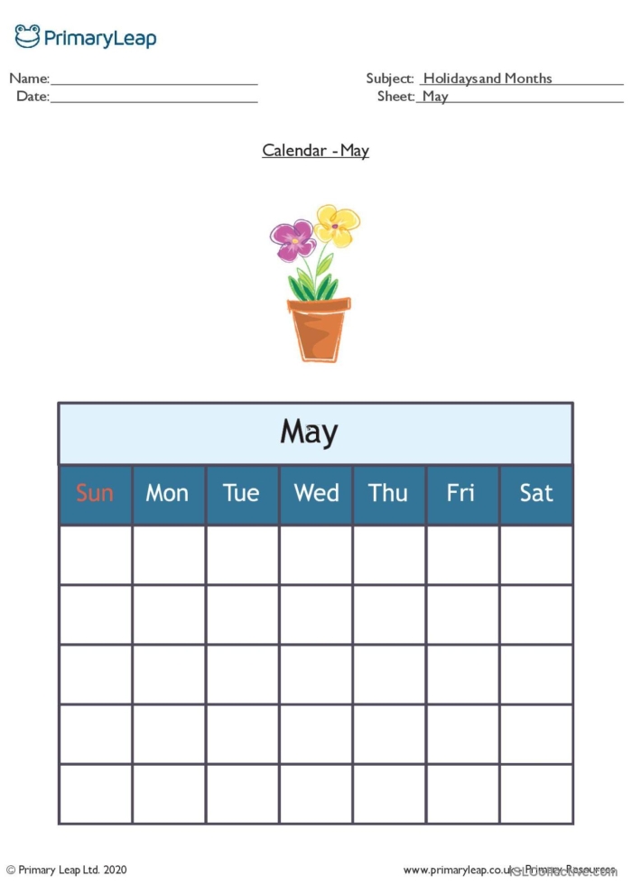 May calendar worksheet for second graders to fill in dates and highlight Mother's Day