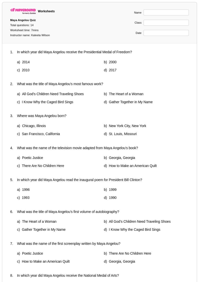 Maya Angelou worksheet for second graders introducing historical heroes
