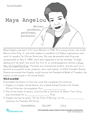 Maya Angelou worksheet for second graders exploring her contributions as an author and activist