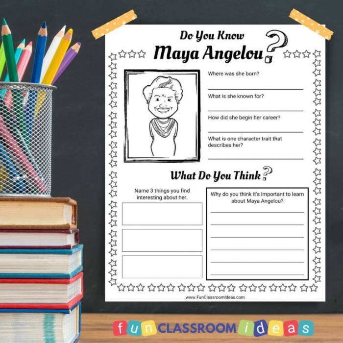 Maya Angelou worksheet for second graders highlighting her contributions as an author and activist