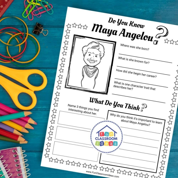 Maya Angelou worksheet for second graders highlighting her contributions as an author and activist