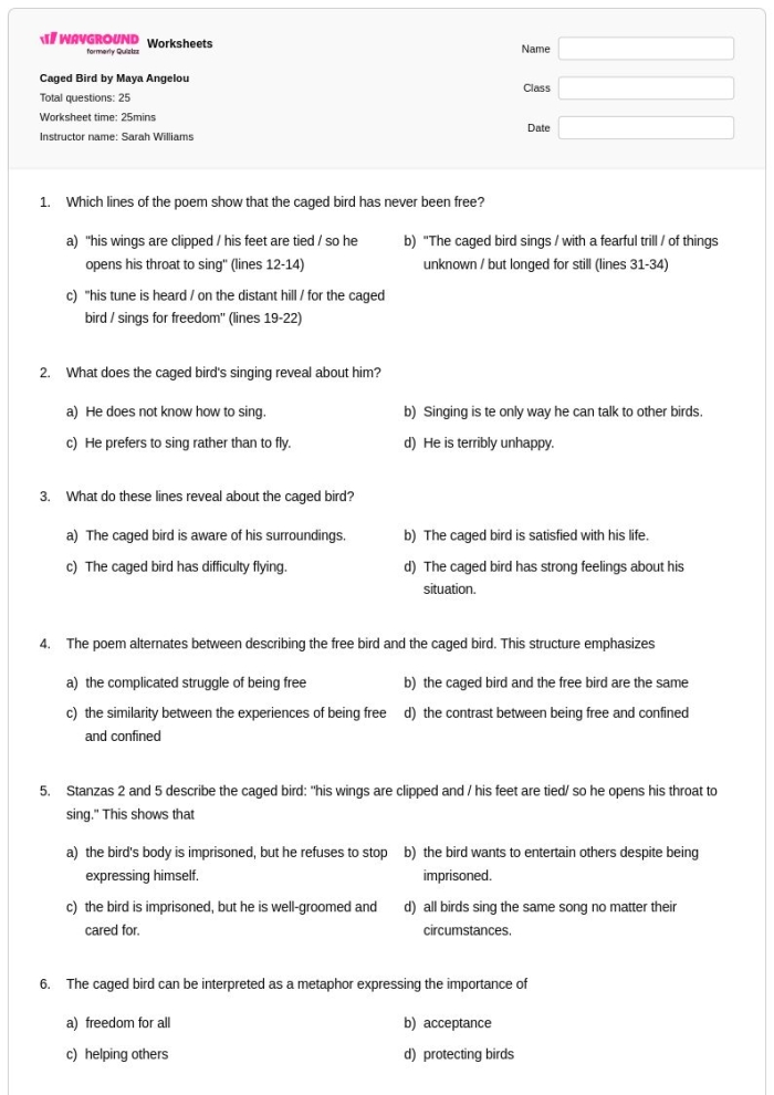 Maya Angelou worksheet for second graders introducing her contributions as an author and activist