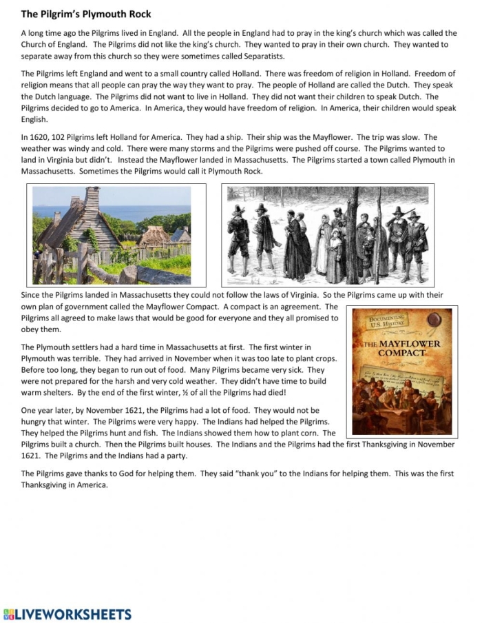 Illustration of The Mayflower sailing across the ocean, representing the Pilgrims' journey. Educational worksheet about The Mayflower for fourth-grade students.