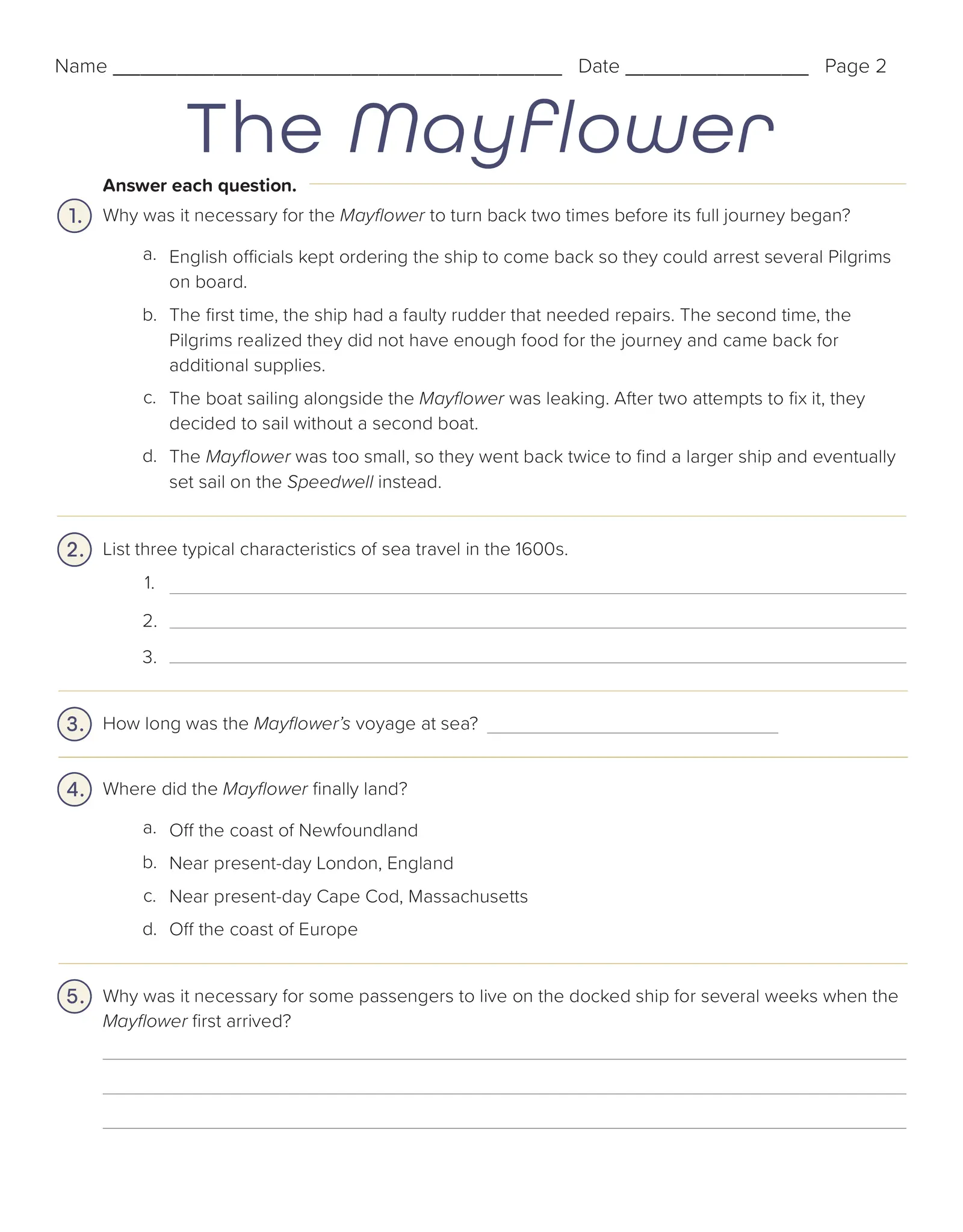 ALT text for a worksheet about The Mayflower, showcasing the Pilgrims' historic journey.