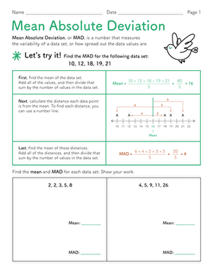 Sixth grade math worksheet for calculating mean absolute deviation with fraction data sets
