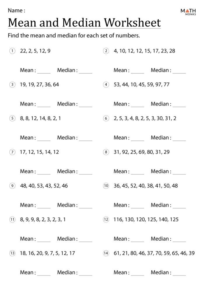 Sixth grade math worksheet for students to practice calculating the mean of data sets