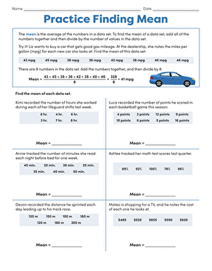 Sixth grade math worksheet for students to practice calculating the mean of data sets