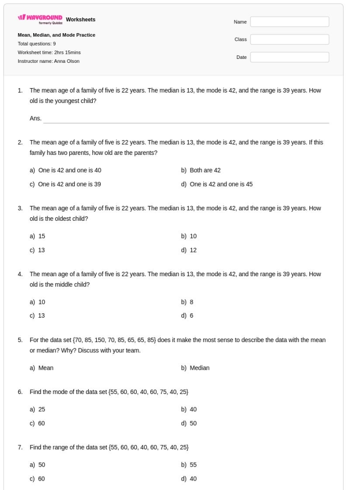 Sixth grade math worksheet for calculating mean median and mode with data sets
