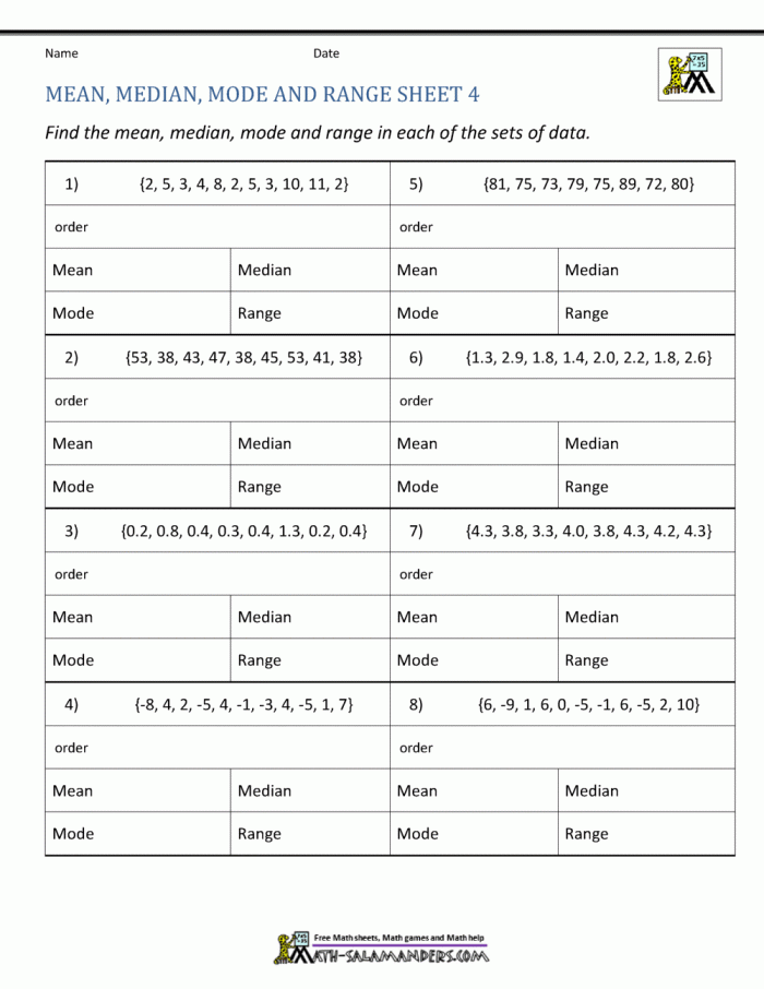 Sixth grade math worksheet for calculating mean median and mode with number sets