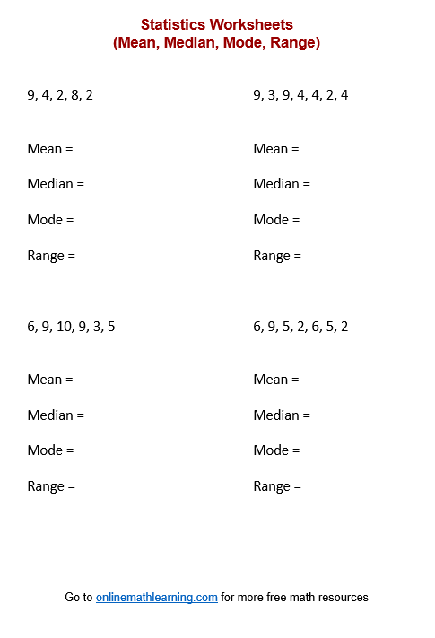 Worksheet illustrating how to calculate mean, median, and mode for sixth graders