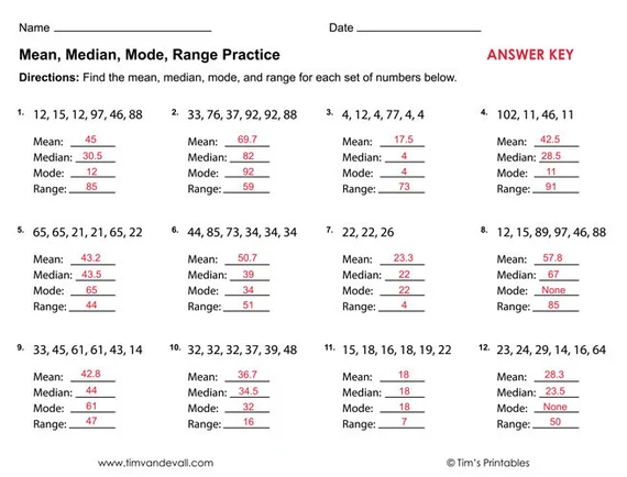 Worksheet showcasing exercises on calculating mean, median, and mode for sixth graders