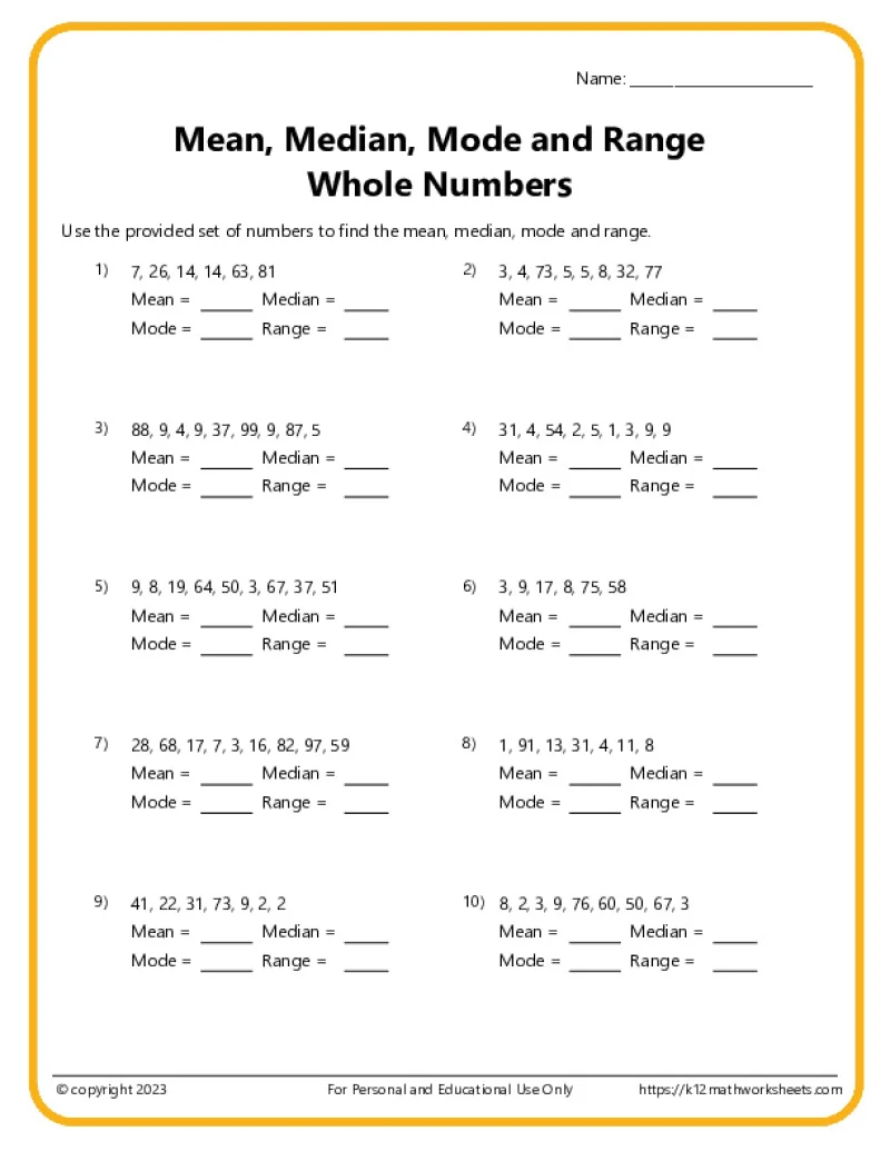 Worksheet illustrating mean, median, and mode calculations for sixth graders.