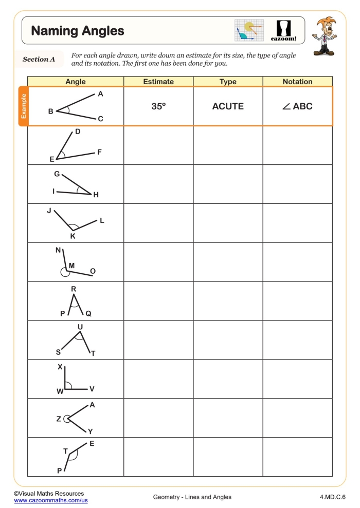 Fourth grade student worksheet for measuring and classifying angles with protractor exercises