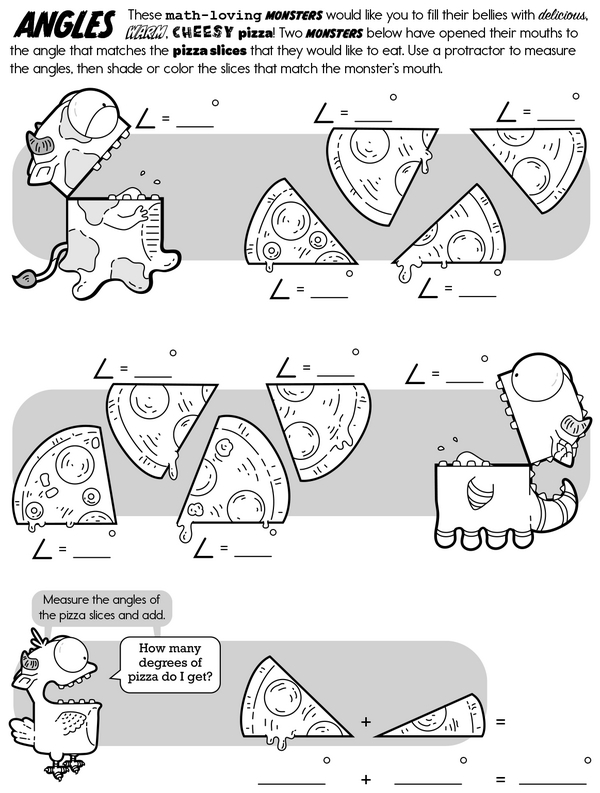 Fourth grade student using a protractor to measure and classify various geometric angles on a worksheet