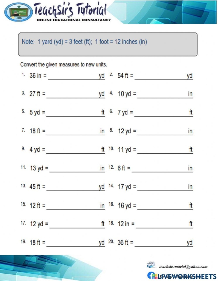 Fifth grade student measurement worksheet focusing on converting yards feet and inches