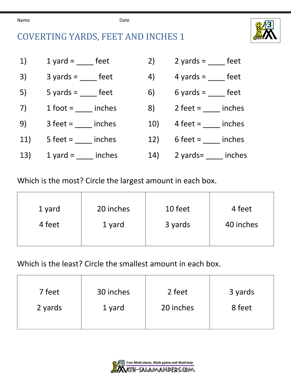 Fifth grade measurement worksheet focusing on converting yards feet and inches for table completion and word problems