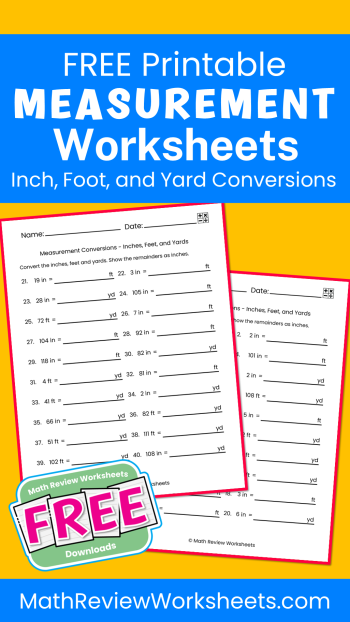 Fifth grade math worksheet with a measurement conversion table for yards, feet, and inches