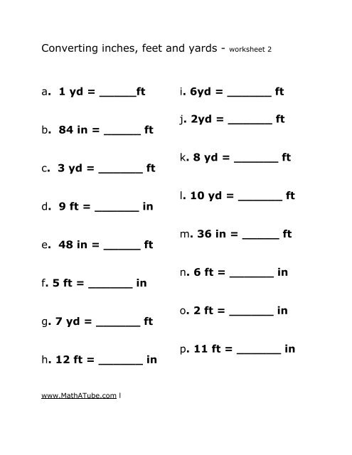 Worksheet for practicing conversions between inches, feet, and yards for fourth graders