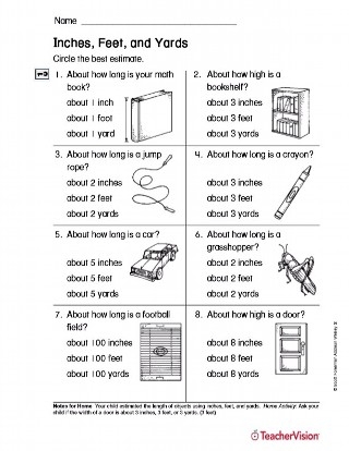 Worksheet for practicing conversions between inches, feet, and yards for fourth graders