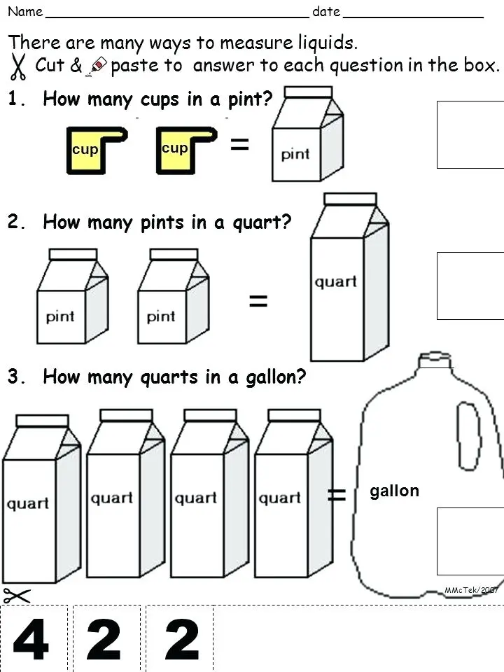 Measurement worksheet for Second Grade Second grade worksheet illustrating the concepts of cups, pints, and quarts for young learners. Measurement Mania: Understanding Cups, Pints, and Quarts Worksheet for Kids.