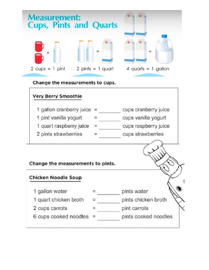 Measurement worksheet for Second Grade Kids learning about cups, pints, and quarts on a fun worksheet for measurement skills. Measurement Mania: Cups, Pints, and Quarts worksheet for second graders.