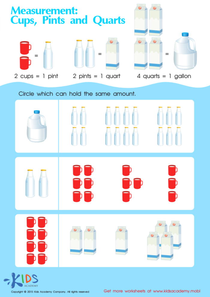 Measurement worksheet for Second Grade Worksheet featuring Measurement Mania: Cups, Pints, and Quarts for second graders learning about volume. Fun and engaging resource for young bakers to understand different measurements.
