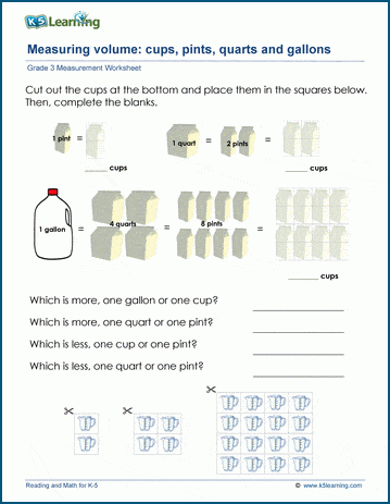 Measurement worksheet for Second Grade Measurement Mania worksheet for second graders focusing on cups, pints, and quarts. Educational resource for young bakers learning about fluid measurements.