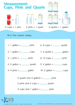 Measurement worksheet for Second Grade Measurement Mania worksheet featuring cups, pints, and quarts designed for second graders. Engaging activity for young learners to master measurement concepts.