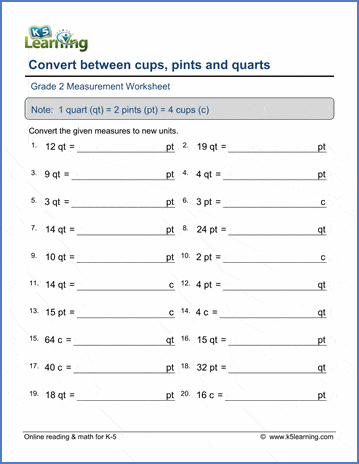 Measurement worksheet for Second Grade Worksheet featuring measurement conversions for cups, pints, and quarts aimed at second graders. Fun and educational "Measurement Mania: Cups, Pints, and Quarts" worksheet for young bakers.
