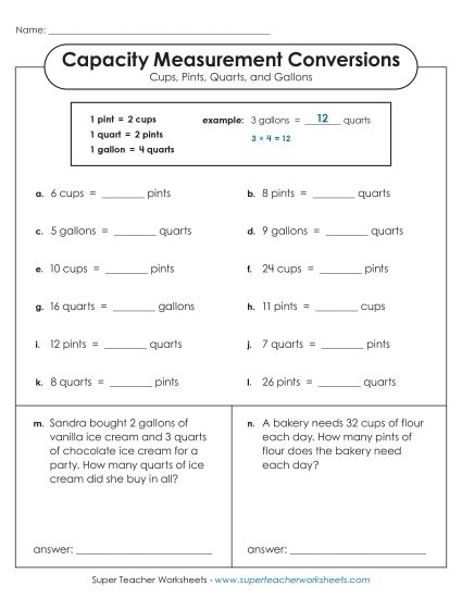 Measurement worksheet for Second Grade Colorful worksheet featuring measurement conversions for cups, pints, and quarts aimed at second graders. Engaging Measurement Mania worksheet for kids to master liquid measurements in baking.
