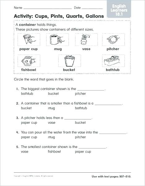 Measurement worksheet for Second Grade Second grade worksheet on measuring cups, pints, and quarts designed for young learners. Engaging Measurement Mania: Cups, Pints, and Quarts worksheet for budding bakers.