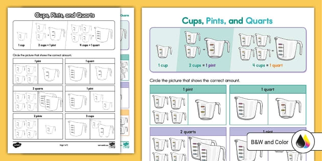 Measurement worksheet for Second Grade Colorful worksheet titled 'Measurement Mania: Cups, Pints, and Quarts' designed for second graders to explore liquid measurements. Engaging resource for young learners interested in baking and cooking measurements.