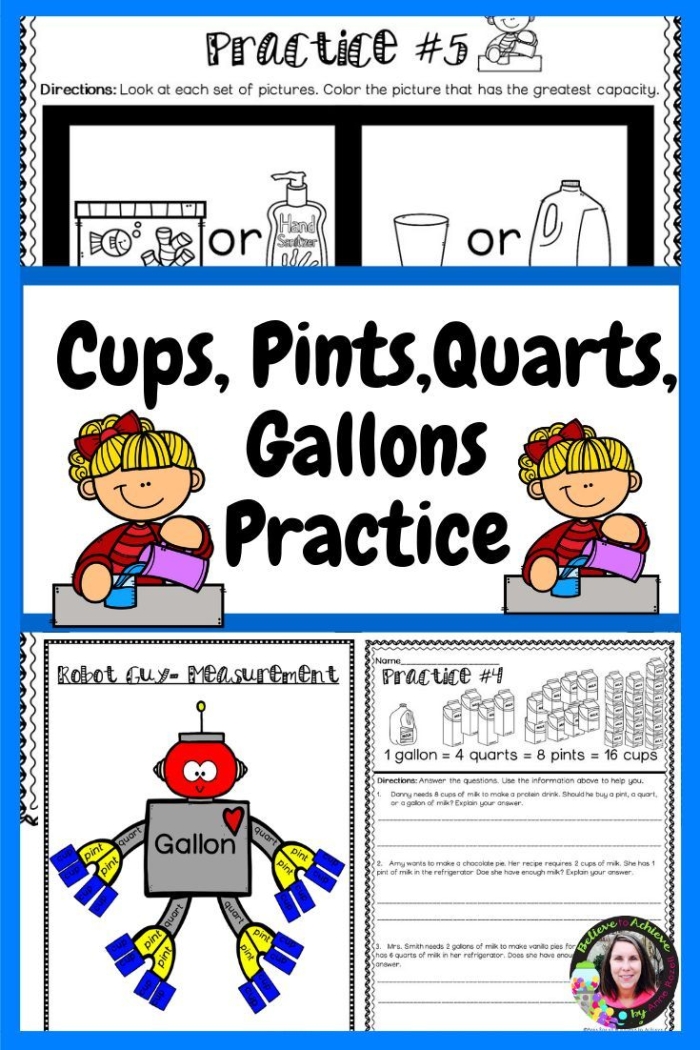 Engaging educational image illustrating a fun measurement worksheet for young bakers Worksheet featuring Measurement Mania: Cups, Pints, and Quarts for second graders learning about liquid measurements