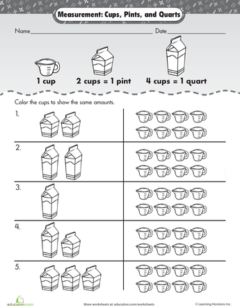 Measurement worksheet for Second Grade Colorful worksheet titled "Measurement Mania: Cups, Pints, and Quarts" designed for second graders to explore liquid measurements. Engaging activity for young chefs to practice measuring with cups, pints, and quarts.