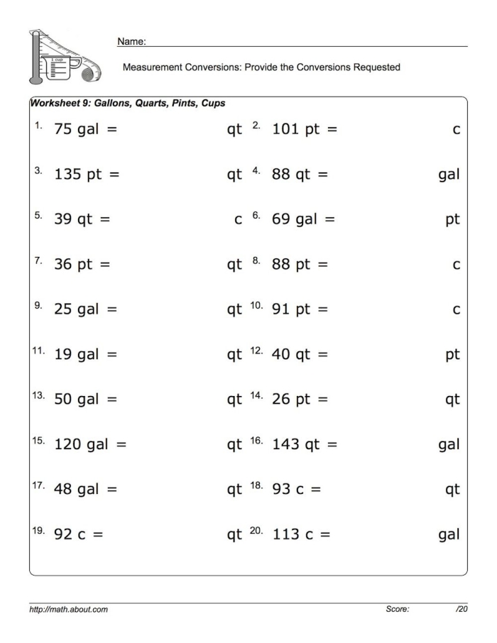 Measurement Mania: Cups, Pints, and Quarts worksheet for young bakers Worksheet for learning about cups, pints, and quarts in Measurement Mania for second graders