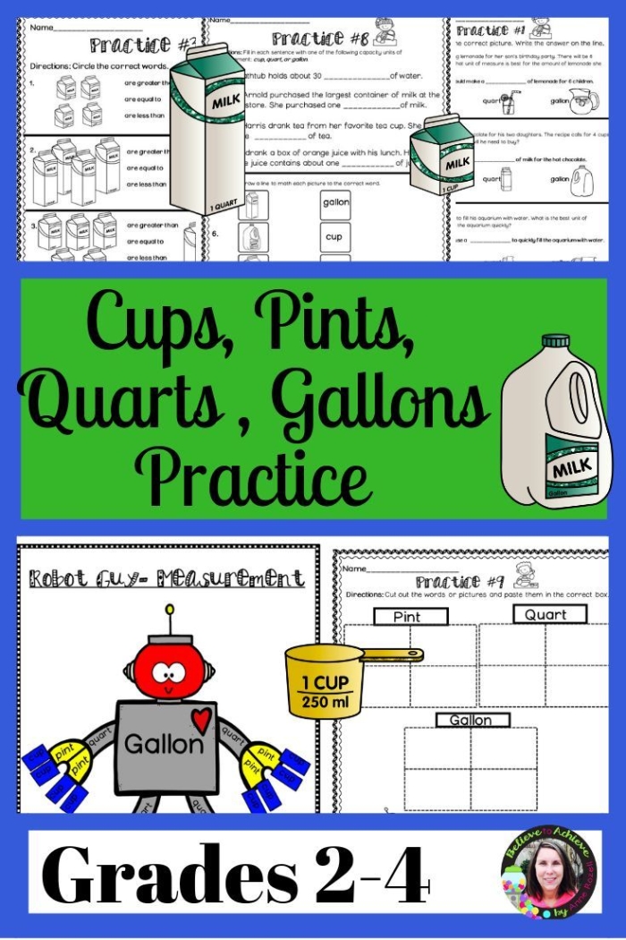 Engaging Measurement Mania worksheet for kids learning about liquid measurements Worksheet featuring Measurement Mania: understanding cups, pints, and quarts for second graders
