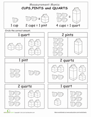 Measurement worksheet for Second Grade Colorful worksheet for second graders to practice measuring cups, pints, and quarts. Fun educational resource titled "Measurement Mania: Cups, Pints, and Quarts" for young learners.
