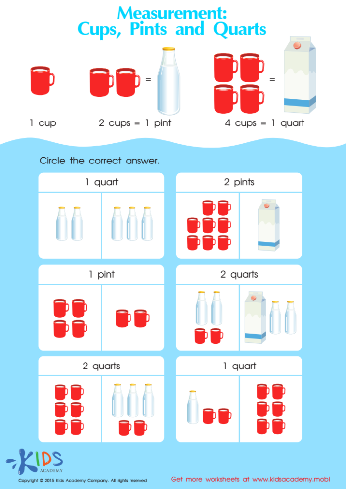 Measurement worksheet for Second Grade Colorful worksheet titled "Measurement Mania: Cups, Pints, and Quarts" designed for second graders learning about volume. Engaging educational resource for young bakers to understand different measurement units.