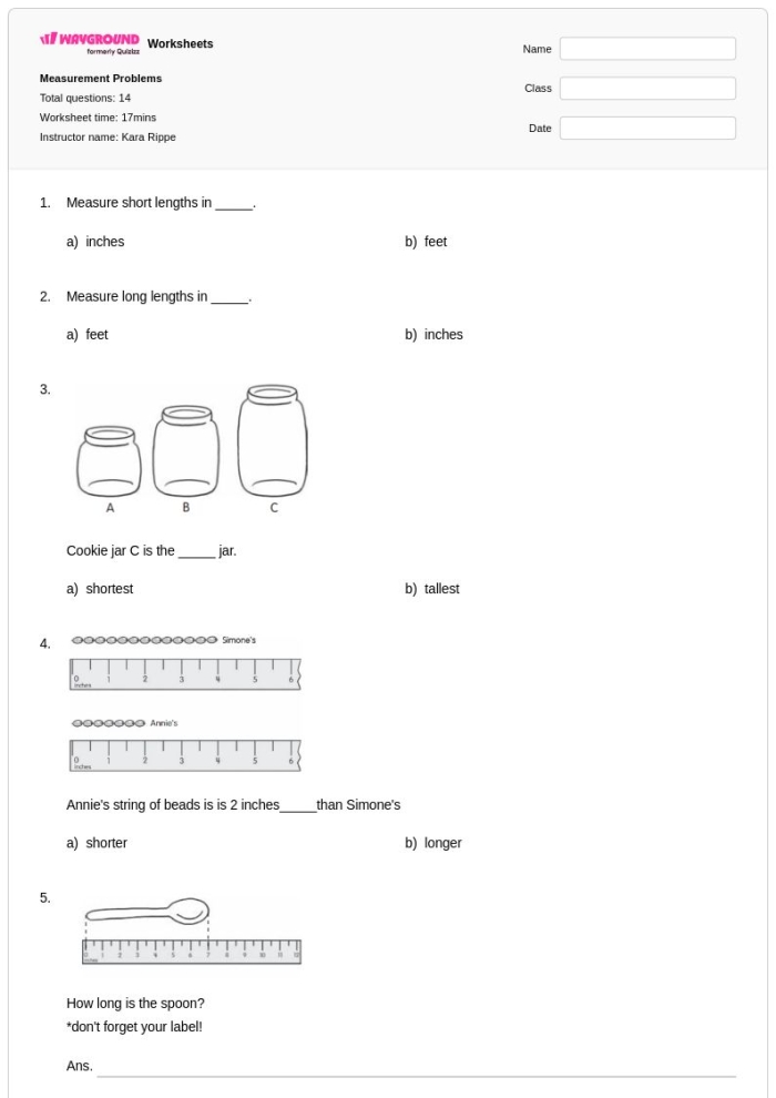 Measurement practice test worksheet for second graders, featuring rulers and calendars