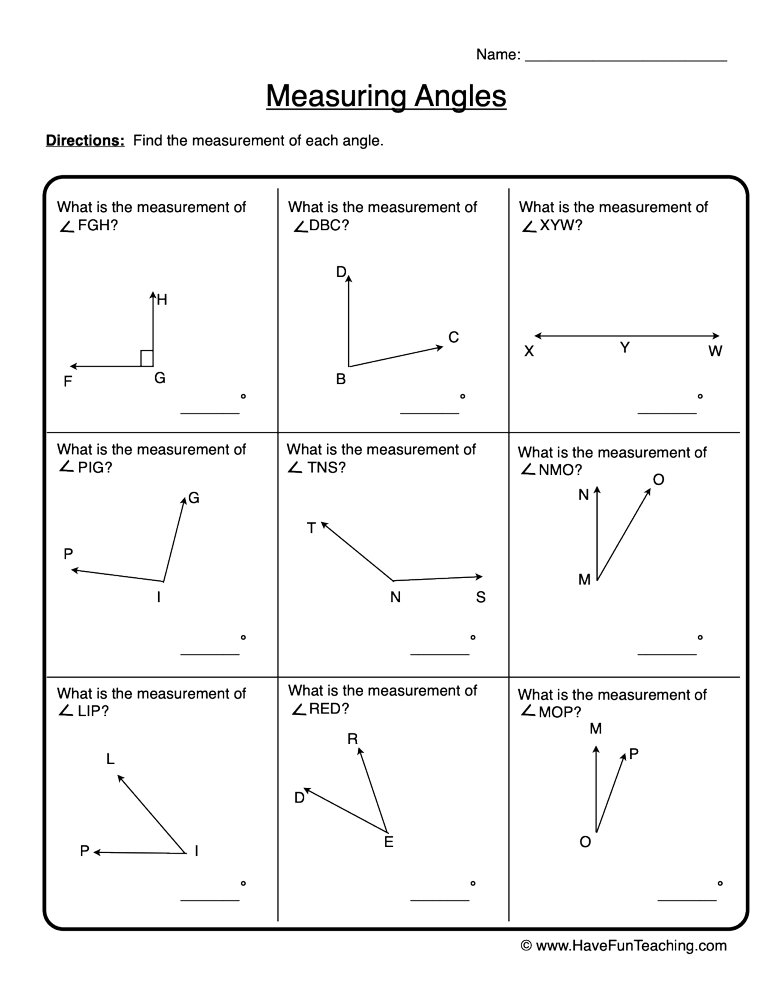Fourth grade student using a protractor to measure geometric angles on a practice worksheet