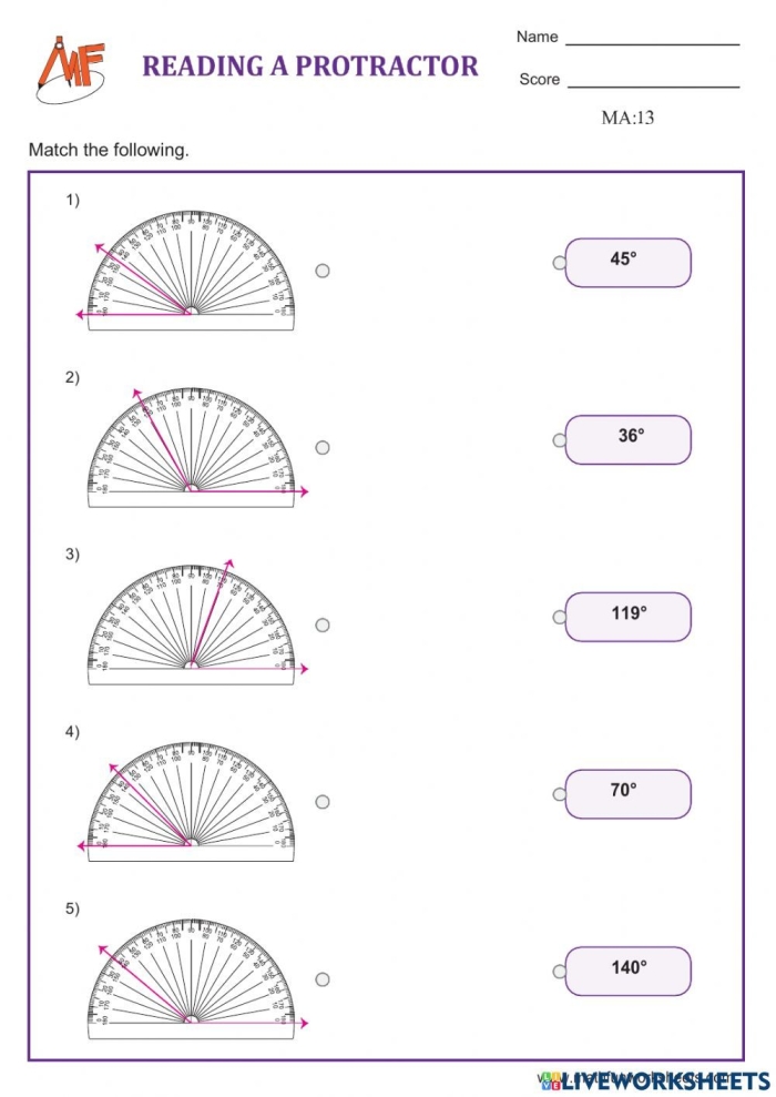 Fourth grade student practicing geometry skills by measuring angles with a protractor on worksheet number 20