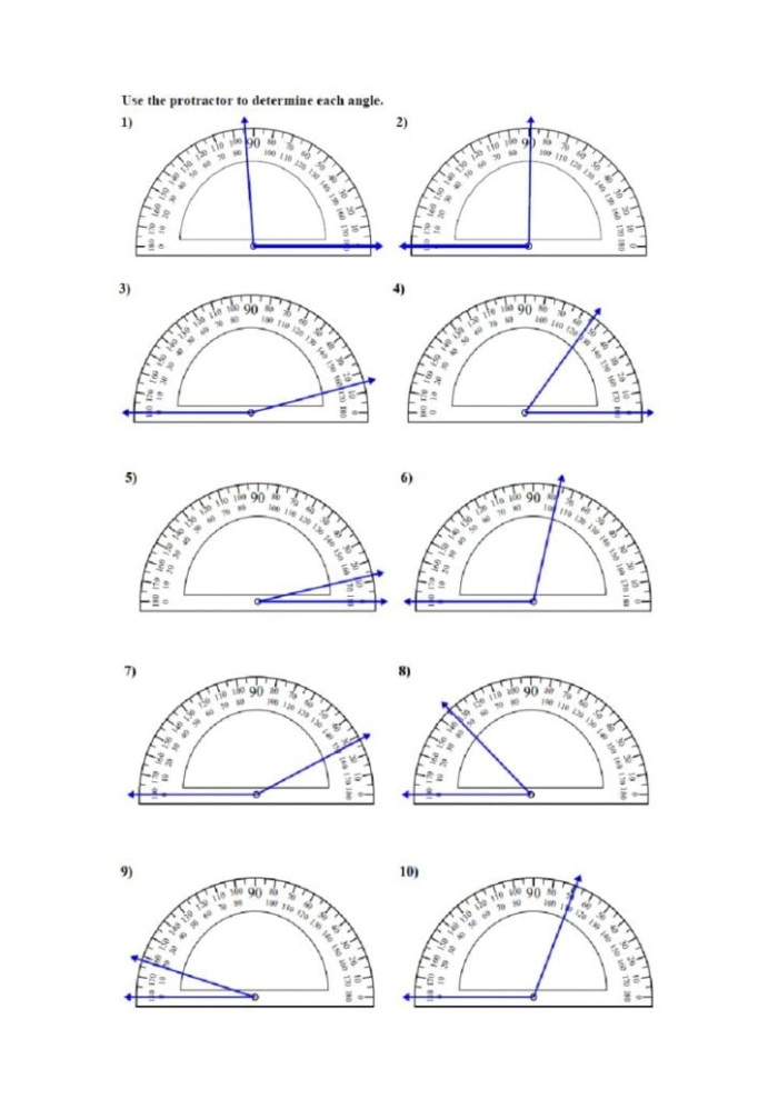 Fourth grade student measuring angles on a printable protractor practice worksheet