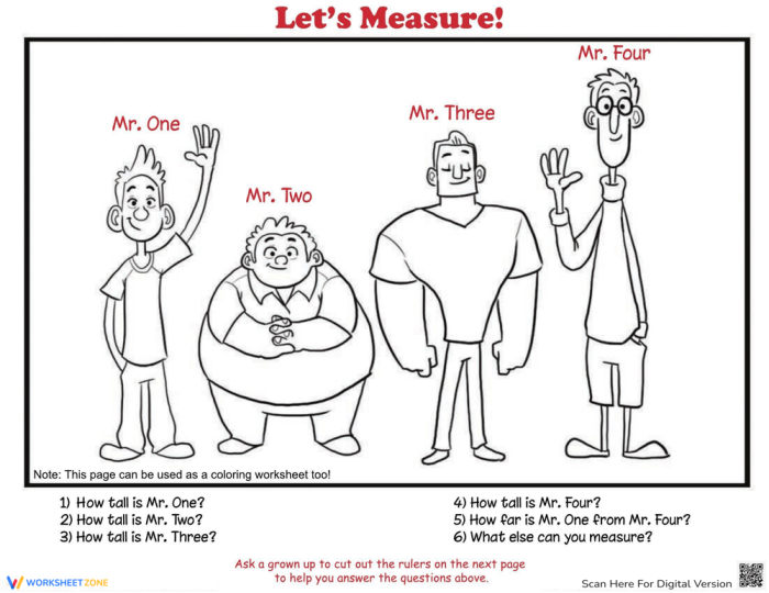 Colorful rulers measuring cartoon characters for a second-grade worksheet