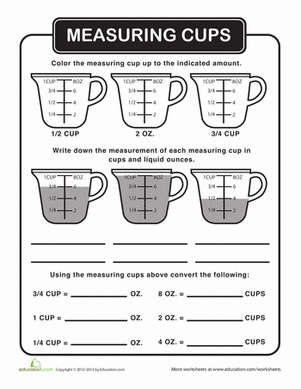 Fourth grade math worksheet featuring a measuring cup diagram for practicing liquid volume conversions