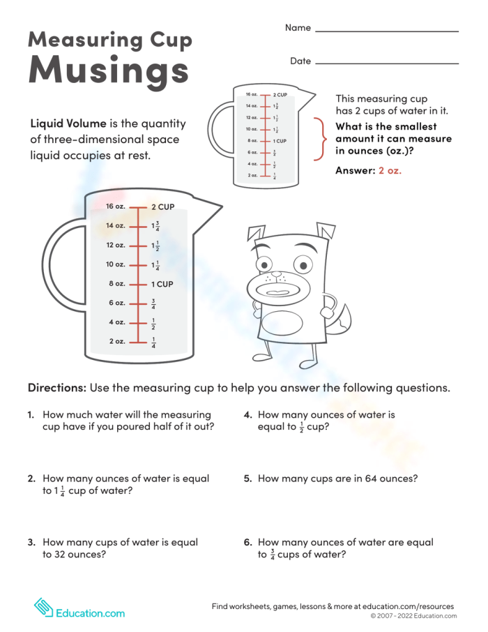 Diagram of a measuring cup illustrating measurement conversions between cups and ounces for fourth graders