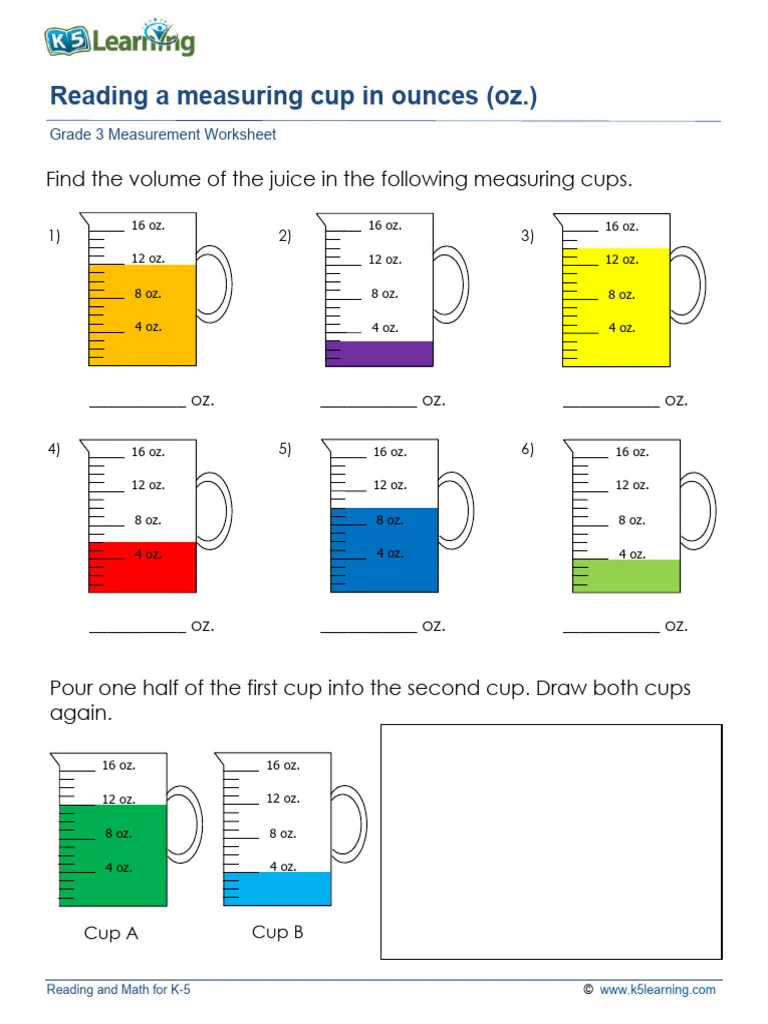 Fourth grade students practice liquid measurement conversions using a Measuring Cup Musings worksheet diagram.